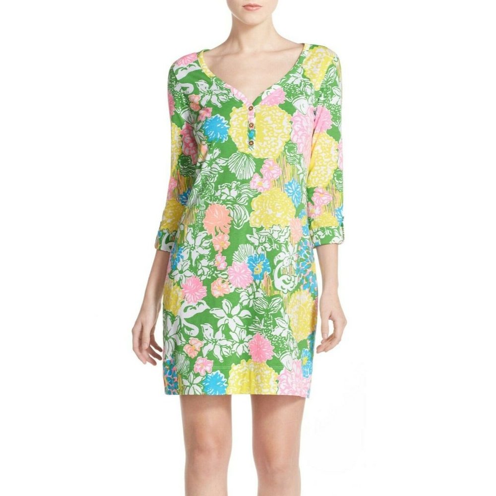 Lilly Pulitzer Green Floral Mini Dress with Pink Yellow Blue Accents